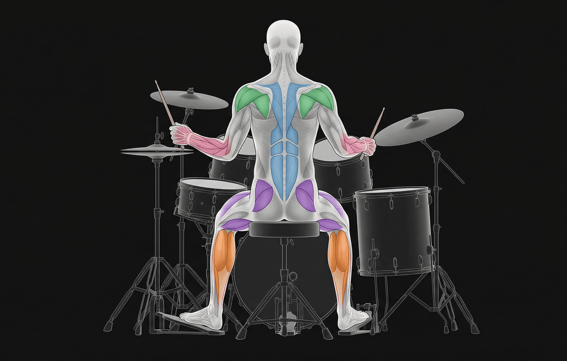 Anatomical view of a drummer showing the major muscle groups used during drumming: deltoids and rotator cuff (green), forearm extensors and flexors (orange/red), core and lower back (purple), and calves (orange)