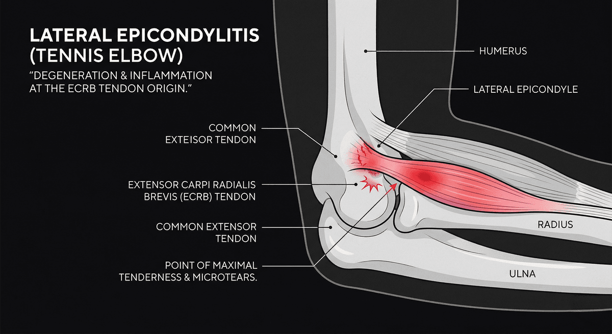 Anatomical diagram showing lateral epicondylitis (tennis elbow) — inflammation at the extensor carpi radialis brevis tendon origin on the lateral epicondyle