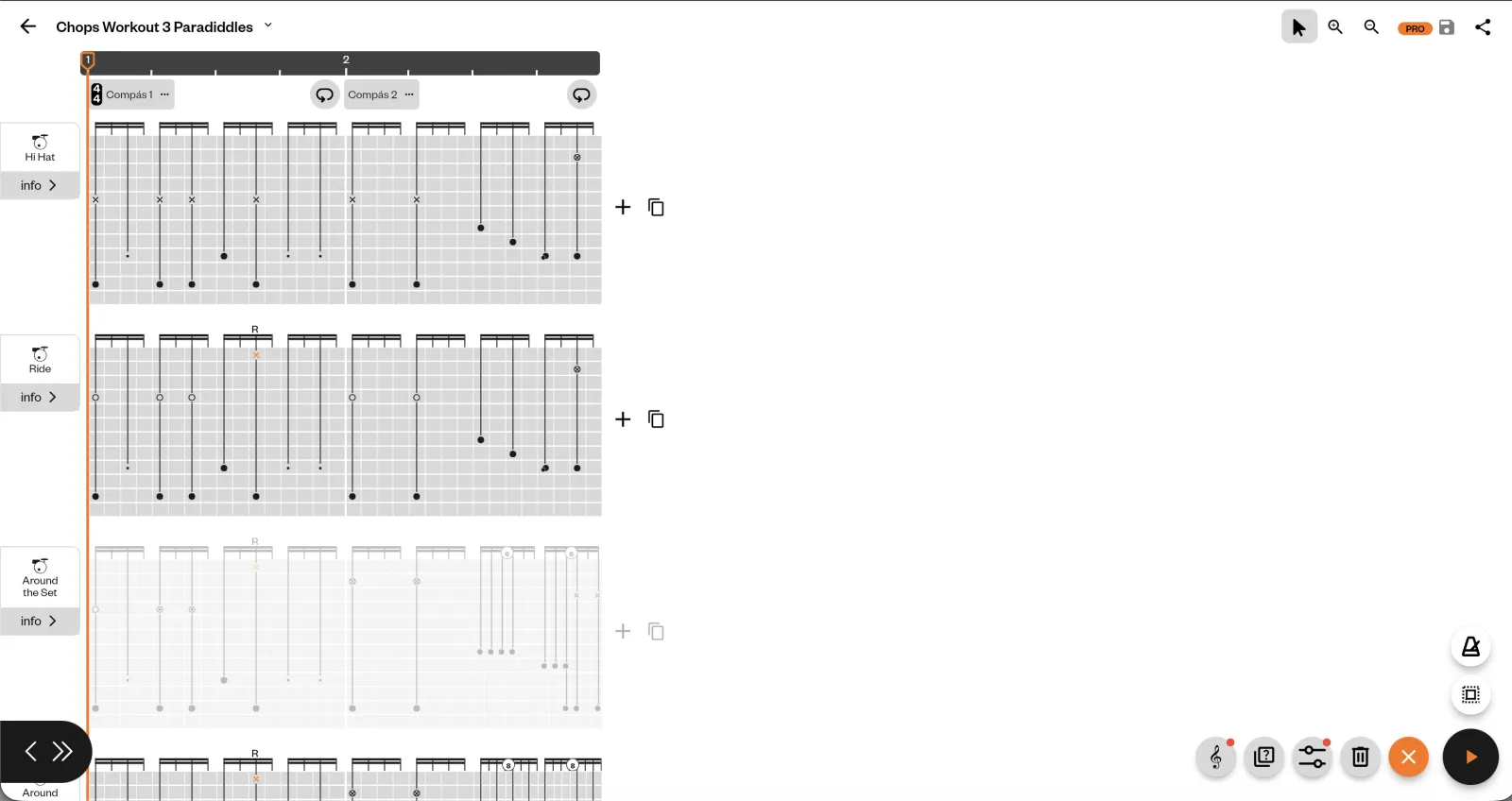 Drum Notes web editor showing a drum score in the browser