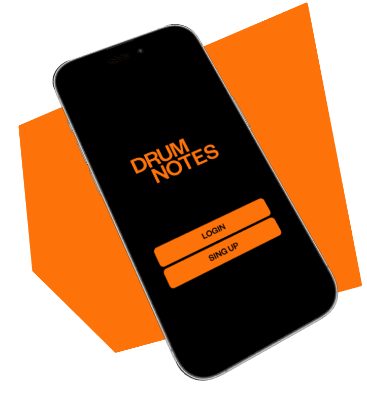 Drum Notes app mockup featuring main tools like intuitive editor, share and export options, private groups, and global community access in bold orange and black design.