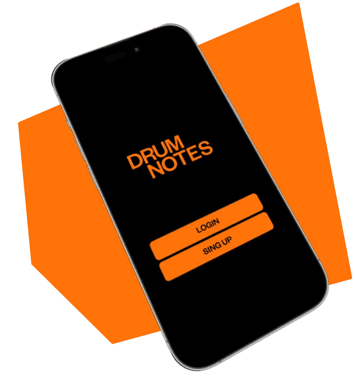 Drum Notes app mockup featuring main tools like intuitive editor, share and export options, private groups, and global community access in bold orange and black design.