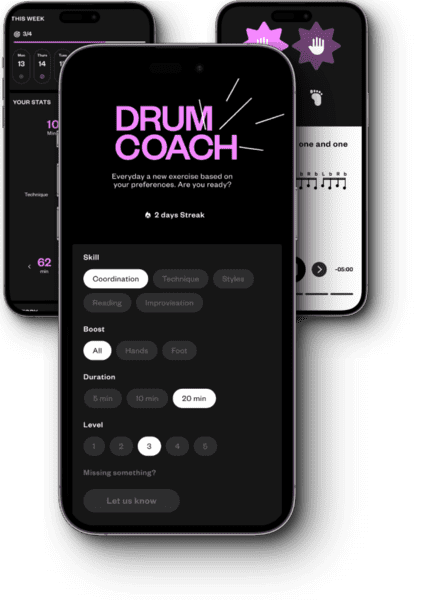 Drum Coach app mockup showcasing main features and customizable drumming practice options.