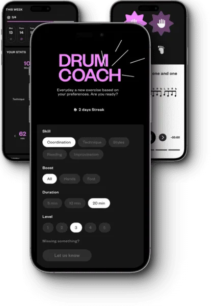 Drum Coach app mockup showcasing main features and customizable drumming practice options.