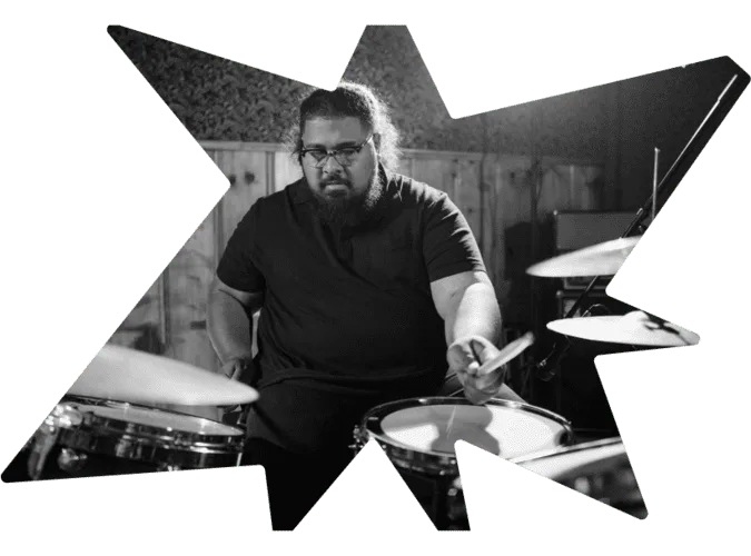 Drummer playing with passion and having fun on his drum set." Image Title: "Passionate Drummer - Fun and Practice Combined