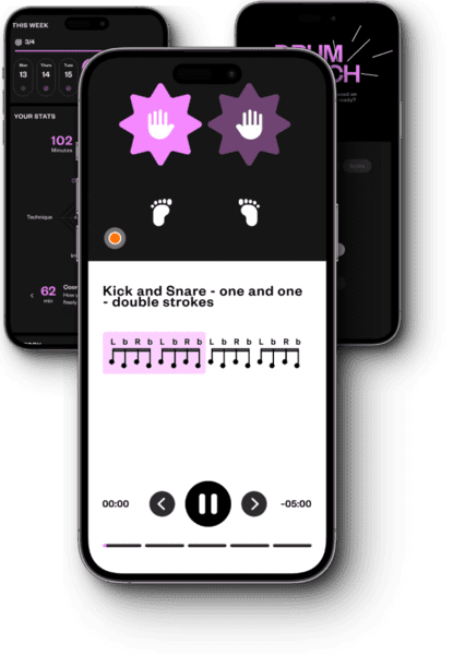 Drum Coach app mockup showcasing fun and interactive drumming learning features.