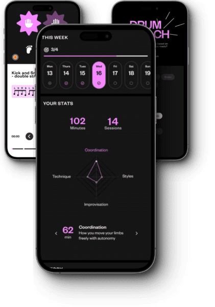 Drum Coach app mockup showcasing features for tracking drum-learning progress.