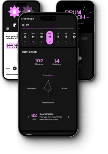 Drum Coach app mockup showcasing features for tracking drum-learning progress.