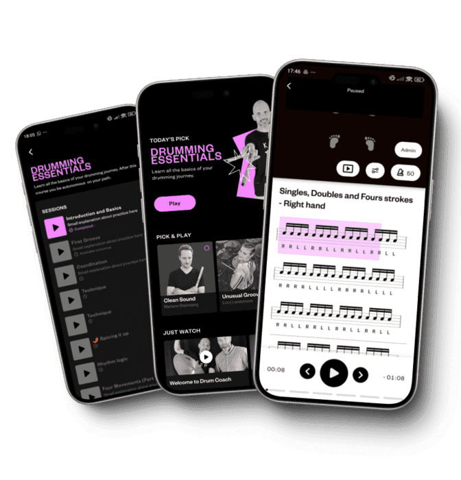 Three mockups showcasing the Drum Coach app features: Drumming Essentials course, variety of drumming courses, and customizable exercises.