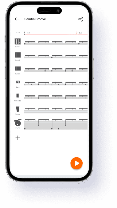 Drum Notes app screen displaying user-created drum notes for sharing with a band.